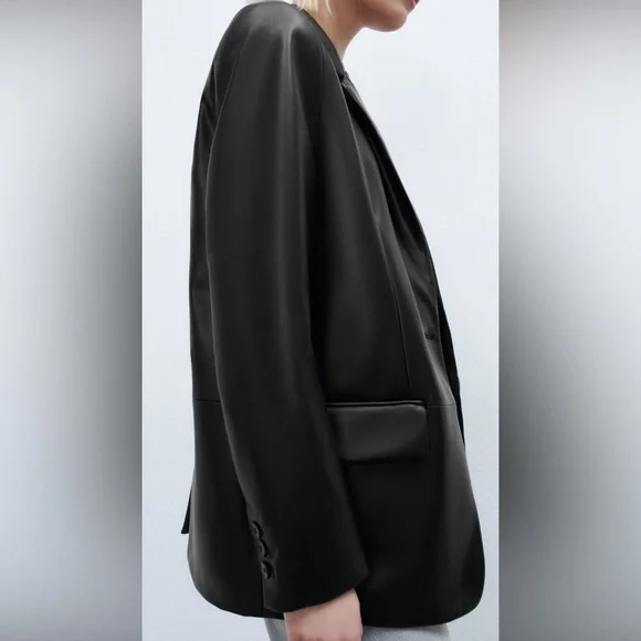 Black Zara Faux Leather Blazer, Size XS - Picture 2 of 7